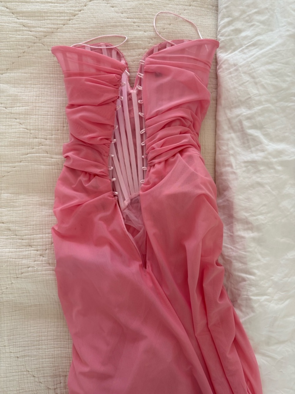 Strapless Pink Corset Ruched Evening Gown with High Slit - Picture 5 of 6